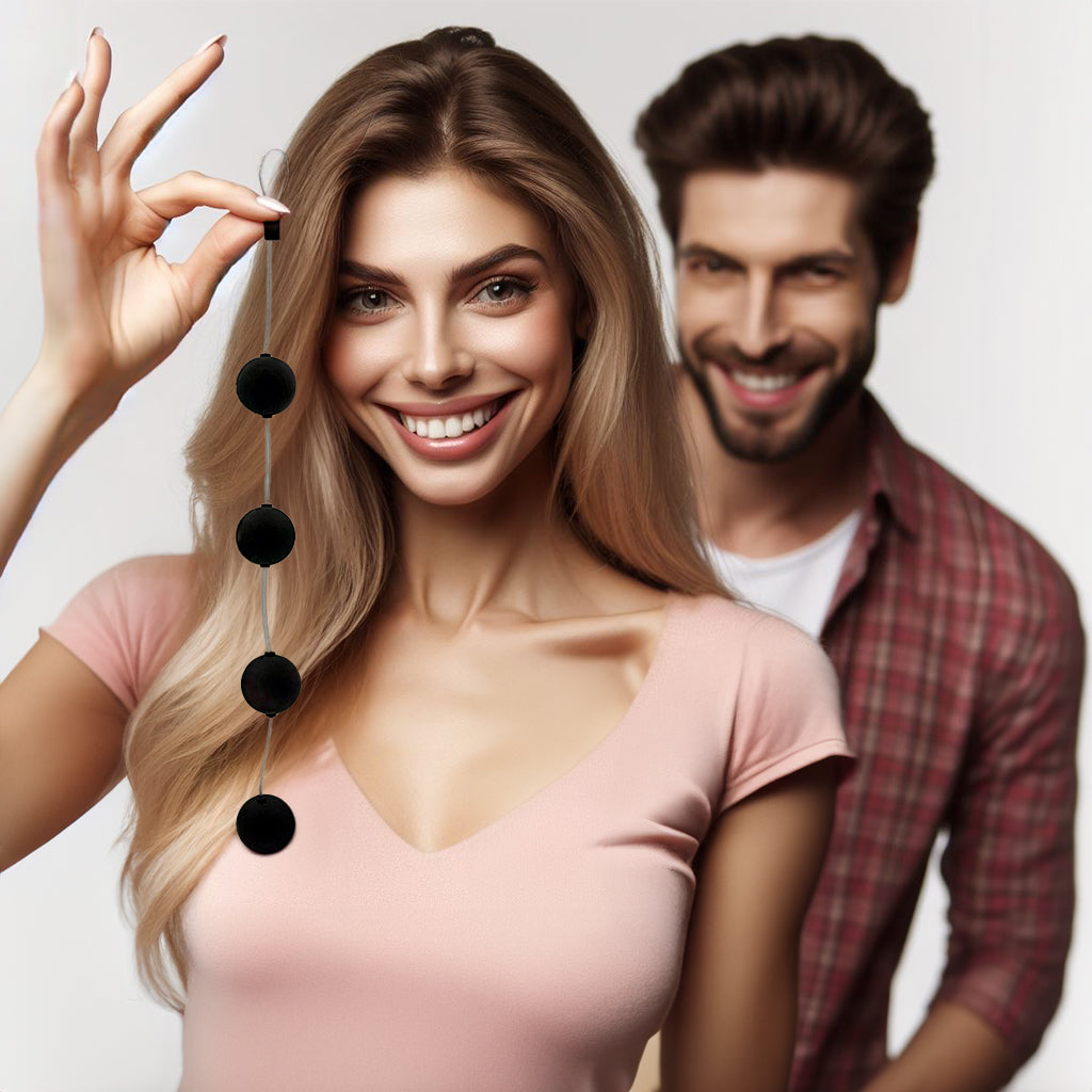 Excited couple holding anal beads, anticipating their next adventure together.