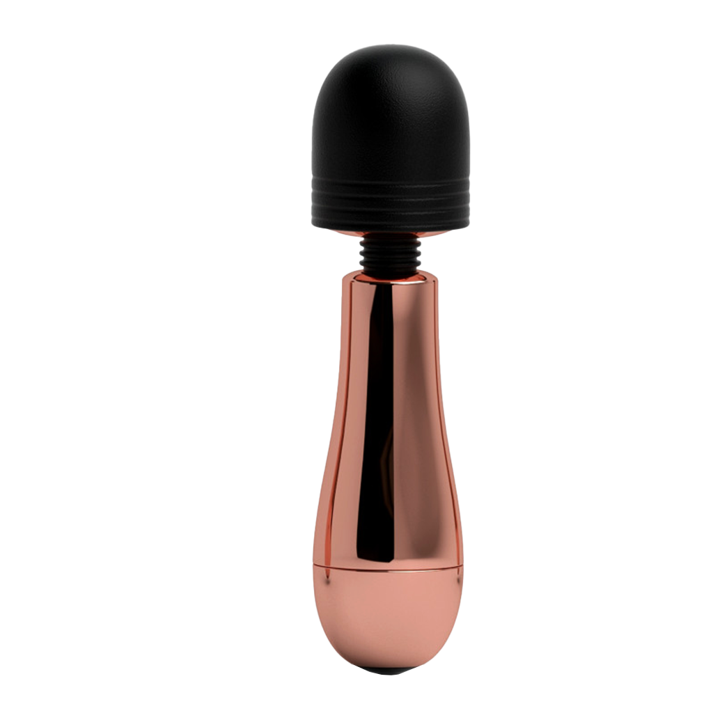 Close-up of the Lush Chloe Mini Massager Wand, featuring a sleek design with rose gold accents and a smooth silicone sleeve.