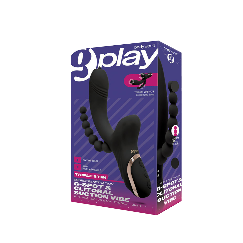 G-Play by Bodywand – G-Spot and Clitoral Suction Vibe with tapered anal beads, flickering tongue tip, and 10 vibration modes, shown in sleek body-safe silicone design.