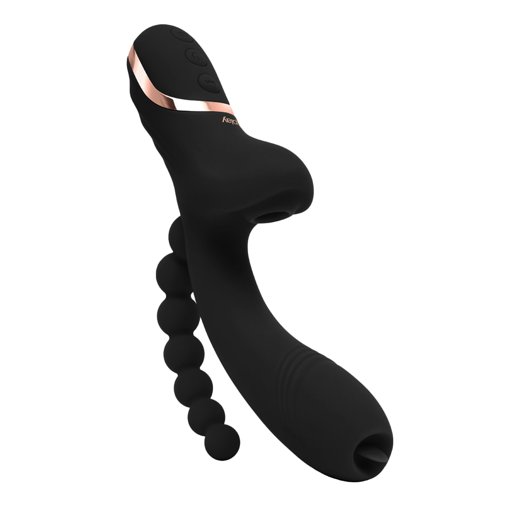G-Play by Bodywand – G-Spot and Clitoral Suction Vibe with tapered anal beads, flickering tongue tip, and 10 vibration modes, shown in sleek body-safe silicone design.
