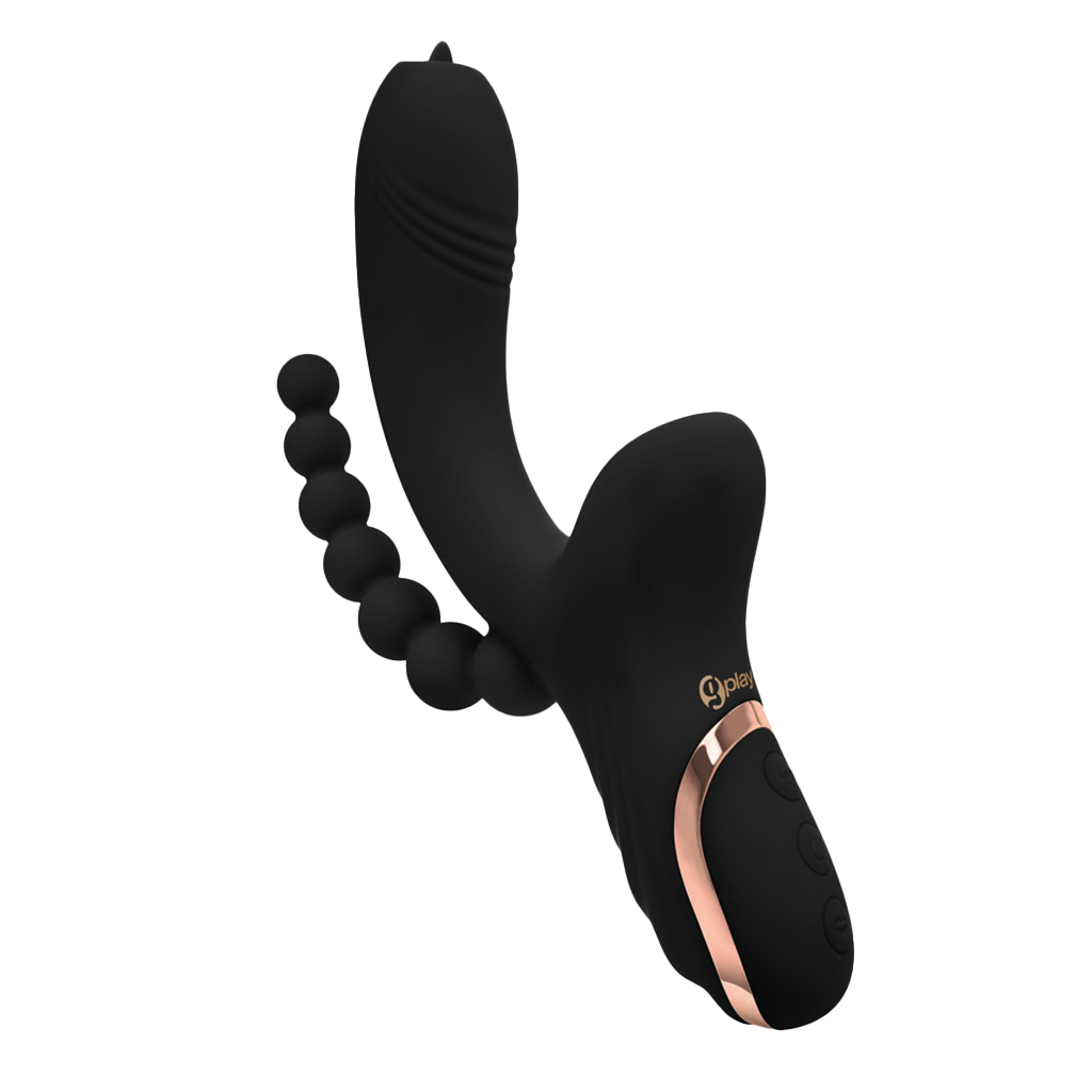 G-Play by Bodywand – G-Spot and Clitoral Suction Vibe with tapered anal beads, flickering tongue tip, and 10 vibration modes, shown in sleek body-safe silicone design.