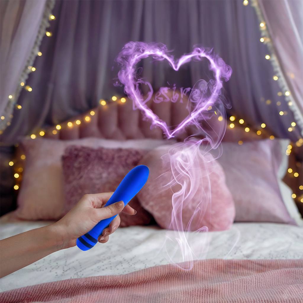 Lady's hand holding The Pleaser Vibrator like a magic wand, casting her desires with confidence and grace, highlighting its sleek, elegant design.
