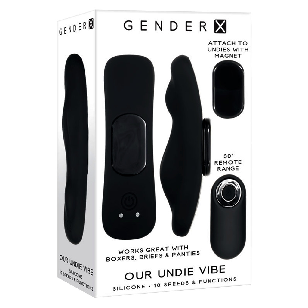 Photo of box of rechargeable undie vibe stimulator with magnetic strip for its discreet and comfortable fit.
