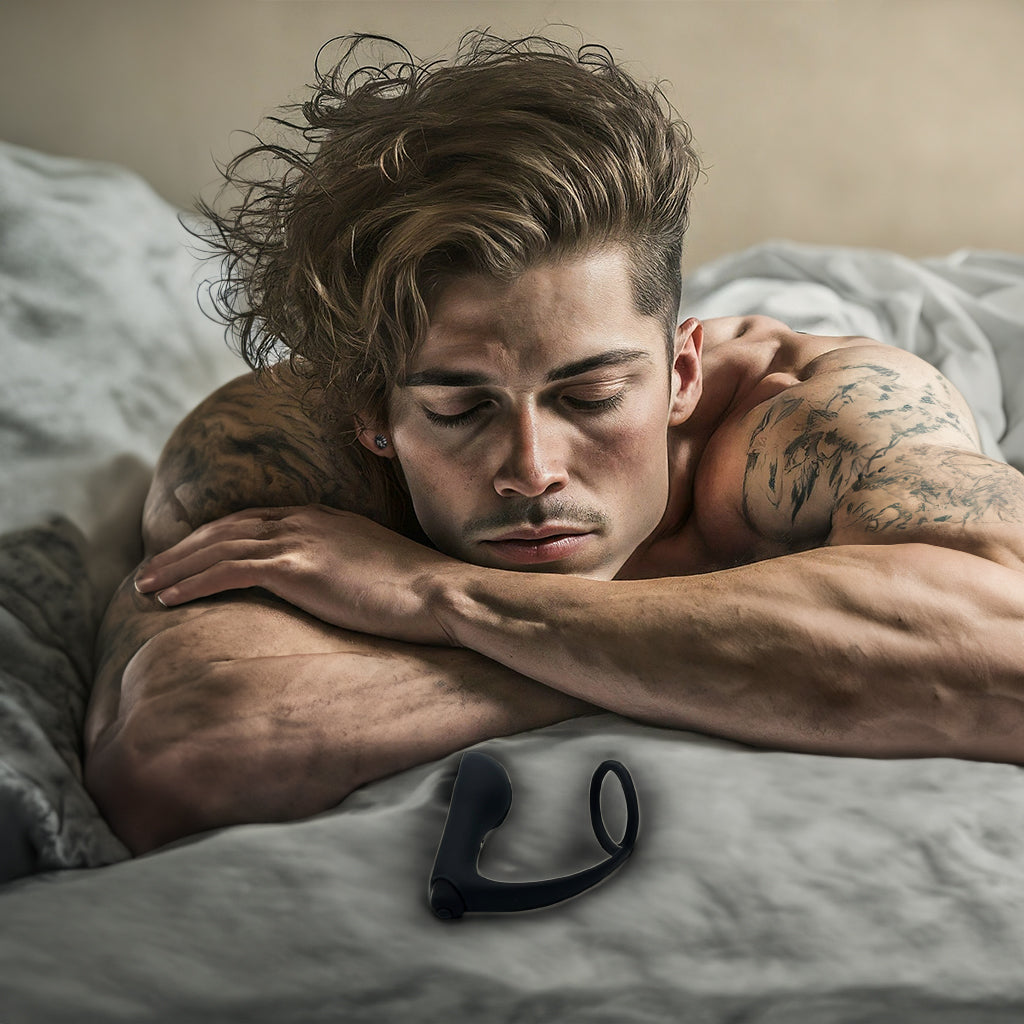Man lying on bed, looking calm and satisfied after using the Prostate Massager with Photo of Prostate Massager with Cock Ring and Vibration