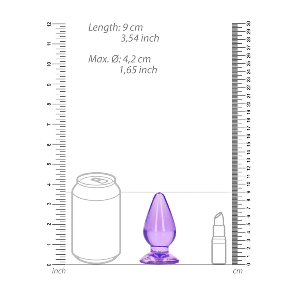 Photo comparing sizes of Medium Anal Plug Purple to other objects for reference.