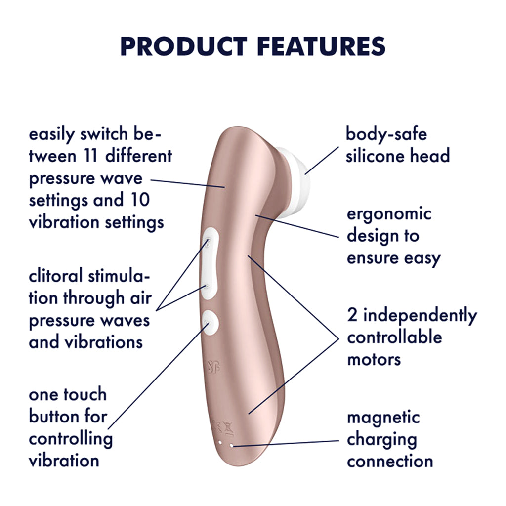 Image of the Satisfyer Pro 2+ Rose Gold clitoral stimulator alongside text detailing its key features: dual stimulation, whisper mode, waterproof design, and USB charging cable