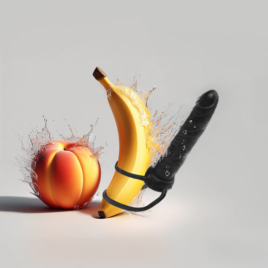 Photo of Double Trouble Anal Dong & Cock Ring Black attached to a banana, showcasing size and fit.