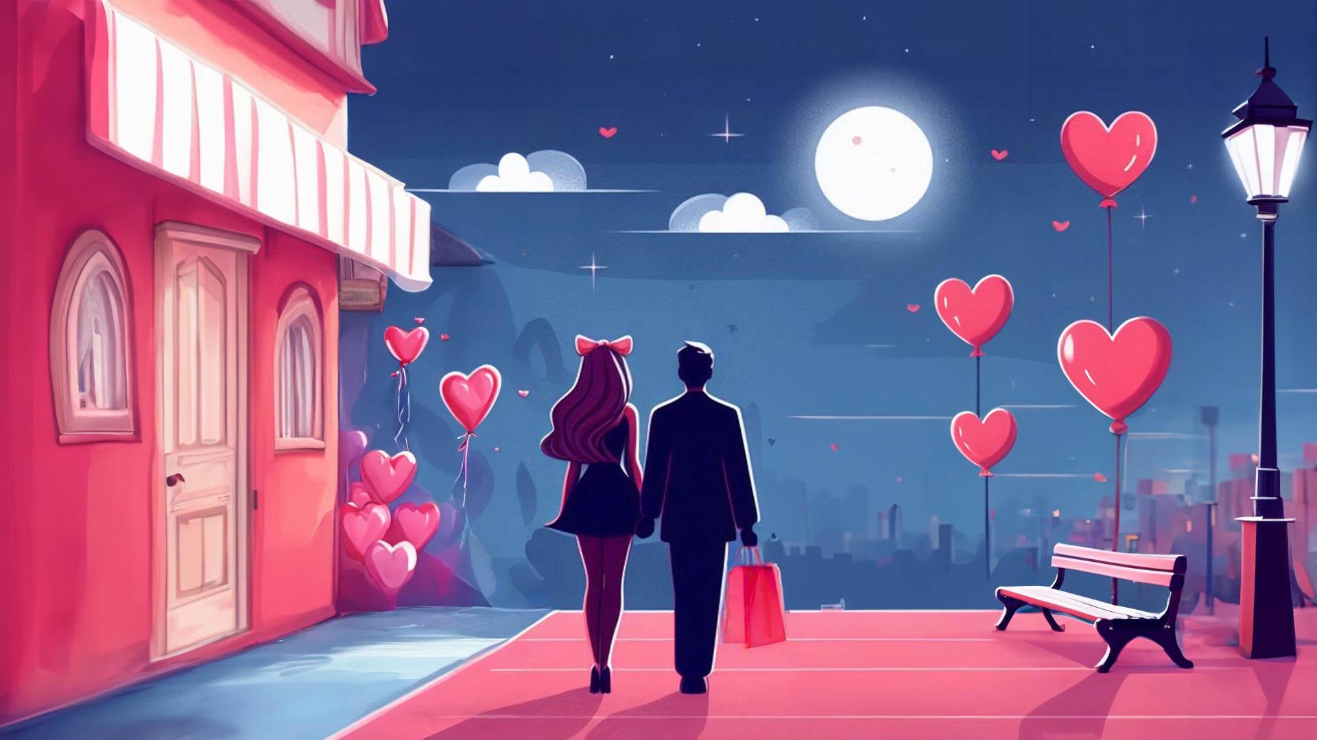 An affectionate couple returns home, surrounded by a romantic ambiance. They carry shopping bags, hinting at the joy of shared experiences and the delight of new purchases in the warm glow of their home.